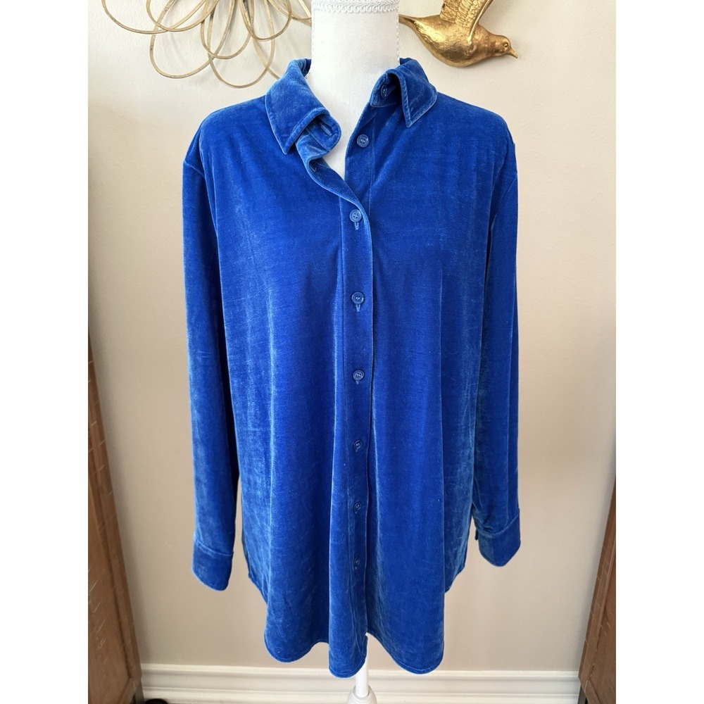 Soft Surroundings PL Blue Velvet Button Front Shirt Blouse Petite Large Stretch